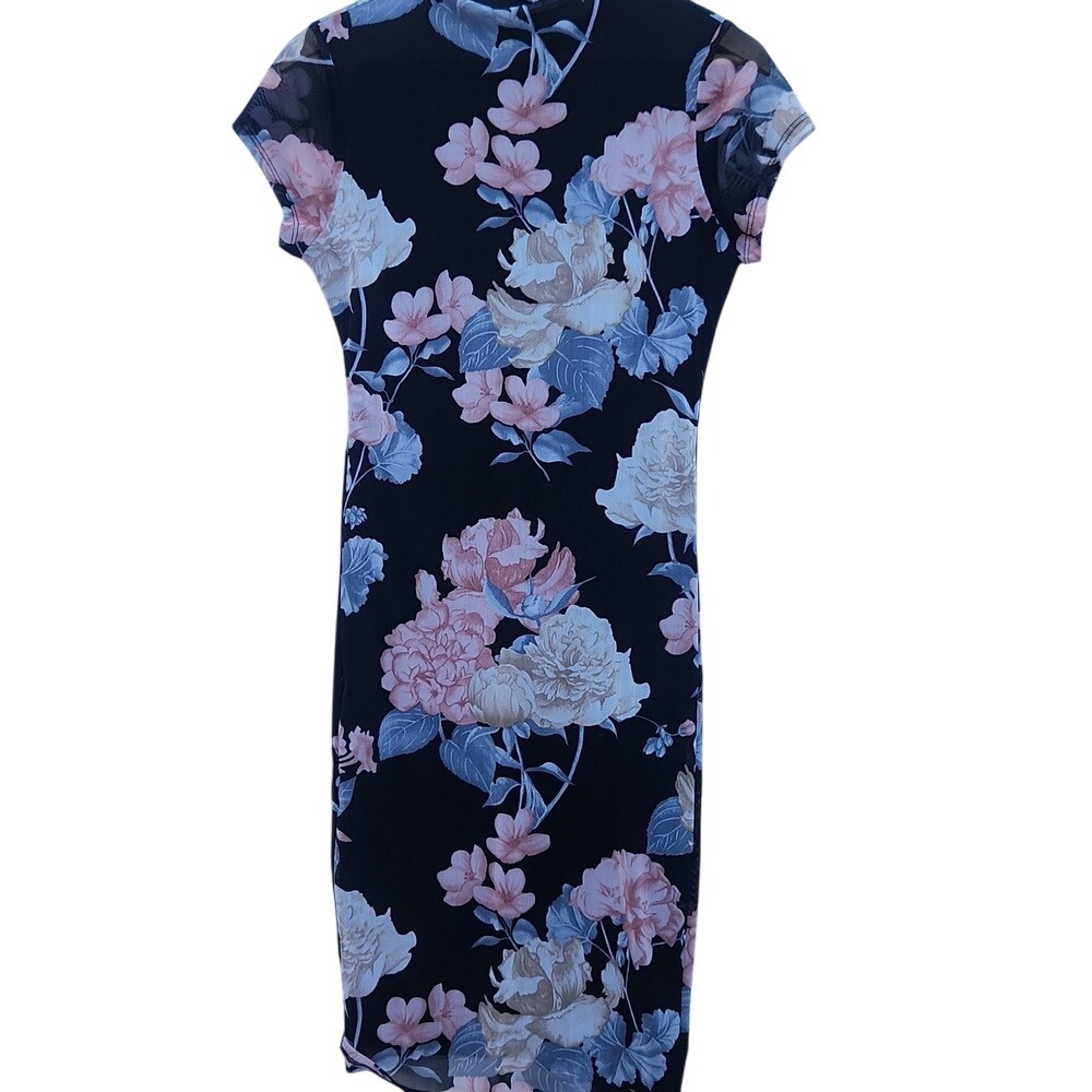 Fashion Nova Black Floral Bodycon Midi Dress Short Sleeve